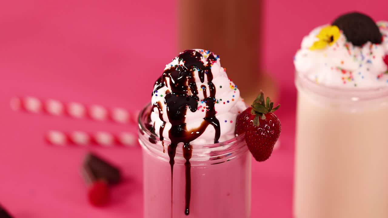 Pink strawberry milkshake topped with whipped cream, chocolate syrup, sprinkles, and strawberry, bright studio lighting