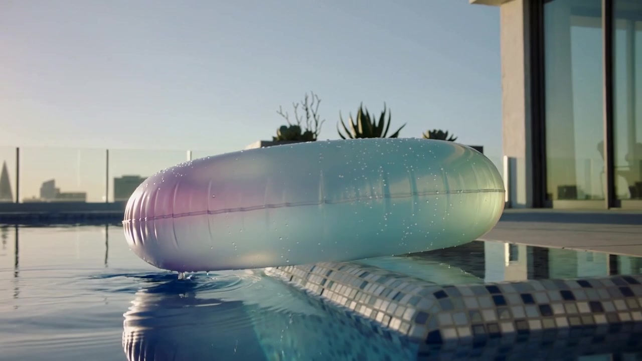 Drifting after soft pool current, iridescent inflatable donut sliding onto rooftop tiled ledge
