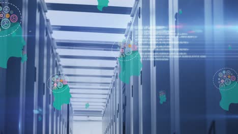 animación de cabezas humanas con engranajes y procesamiento de datos a través de servidores informáticos