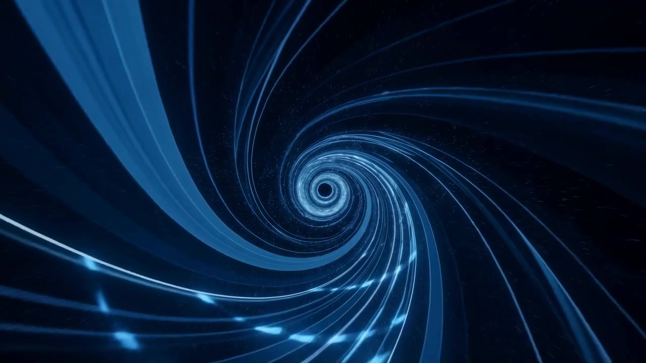 Interior view of abstract spiral tunnel showing layered cyan-blue ribbons and glowing streaks curving inward toward dense particle ring core, creating strong depth, contrast, and sense of continuous