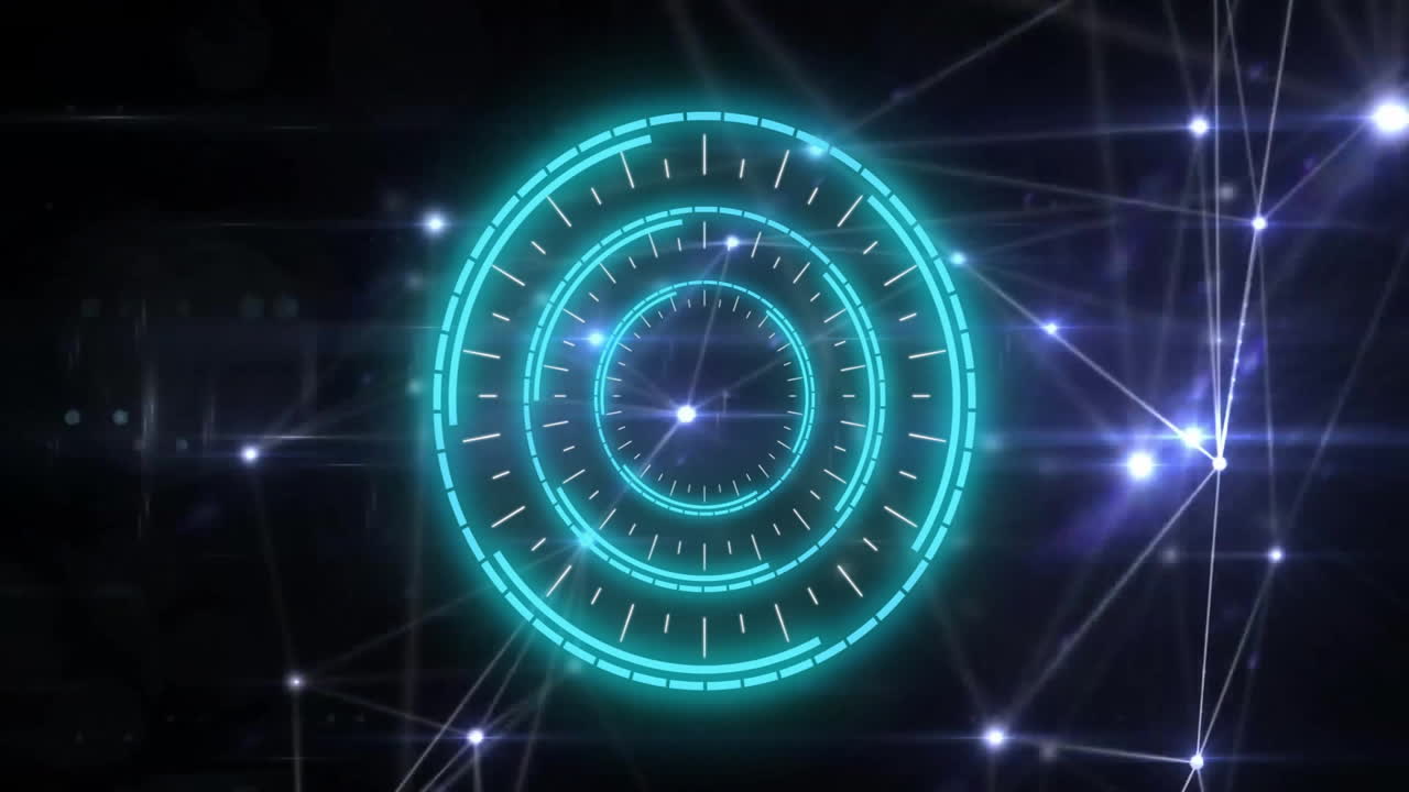 Futuristic circular interface animation over interconnected glowing lines and nodes