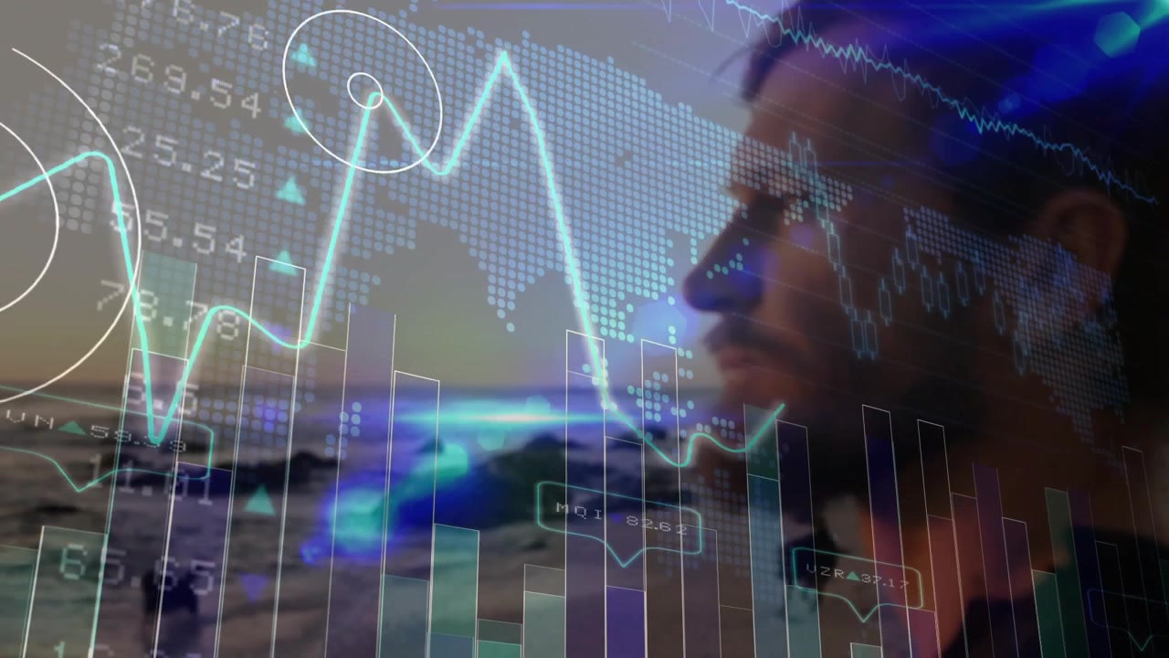 Viewing man profile in dark shirt watching glowing line chart, bars, markers at seaside, copy space