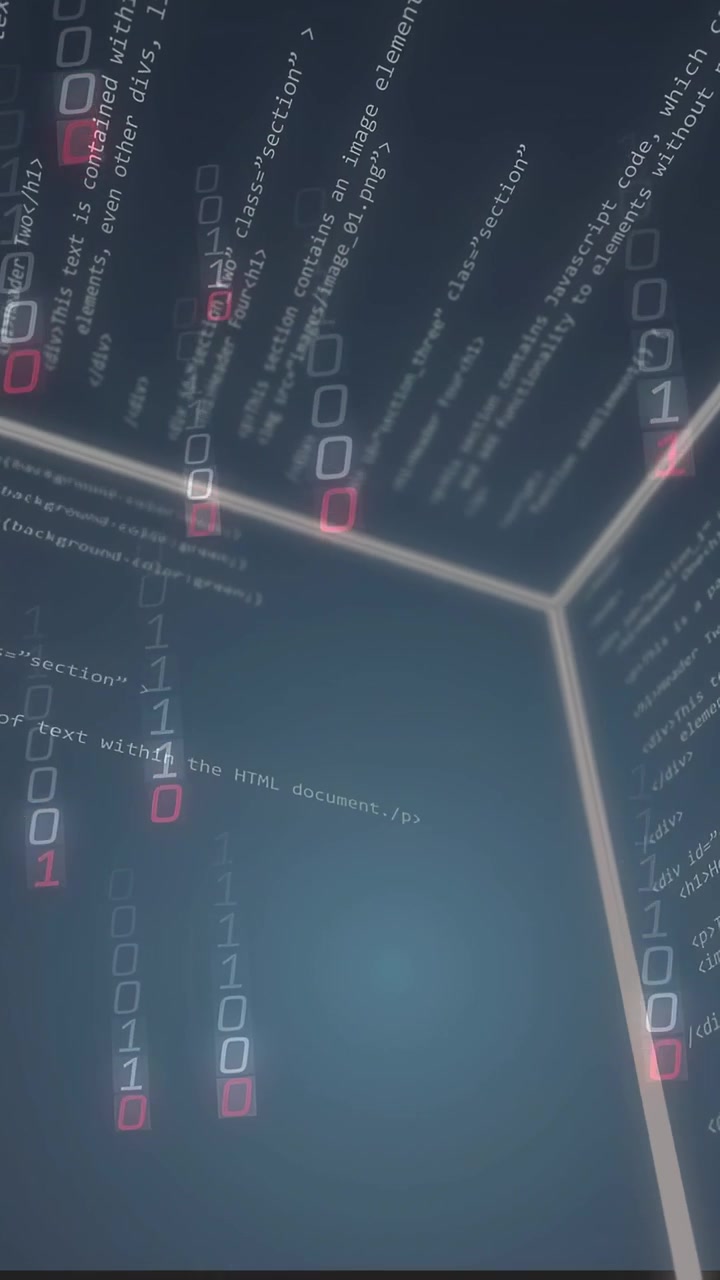 Vertical video: Camera moving from junction, glowing corner sending falling bits and revealing code