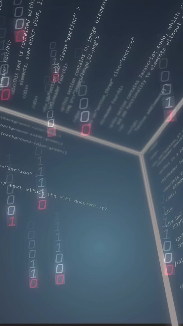 Vertical video: Camera moving from junction, glowing corner sending falling bits and revealing code