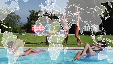 relaxing in pool, people with world map animation overlay, enjoying summer day