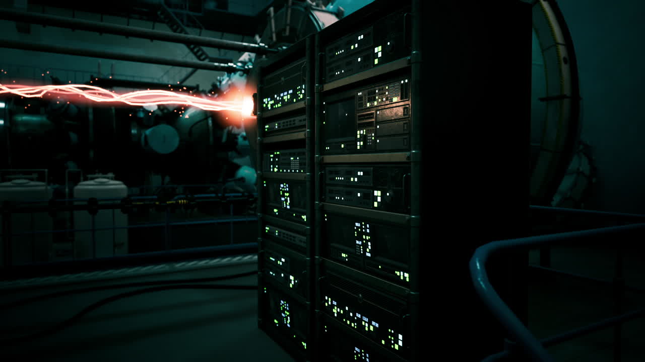 Futuristic laboratory equipment illuminated with glowing energy at night