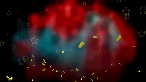 animation of falling gold confetti and stars over red and green blur on background