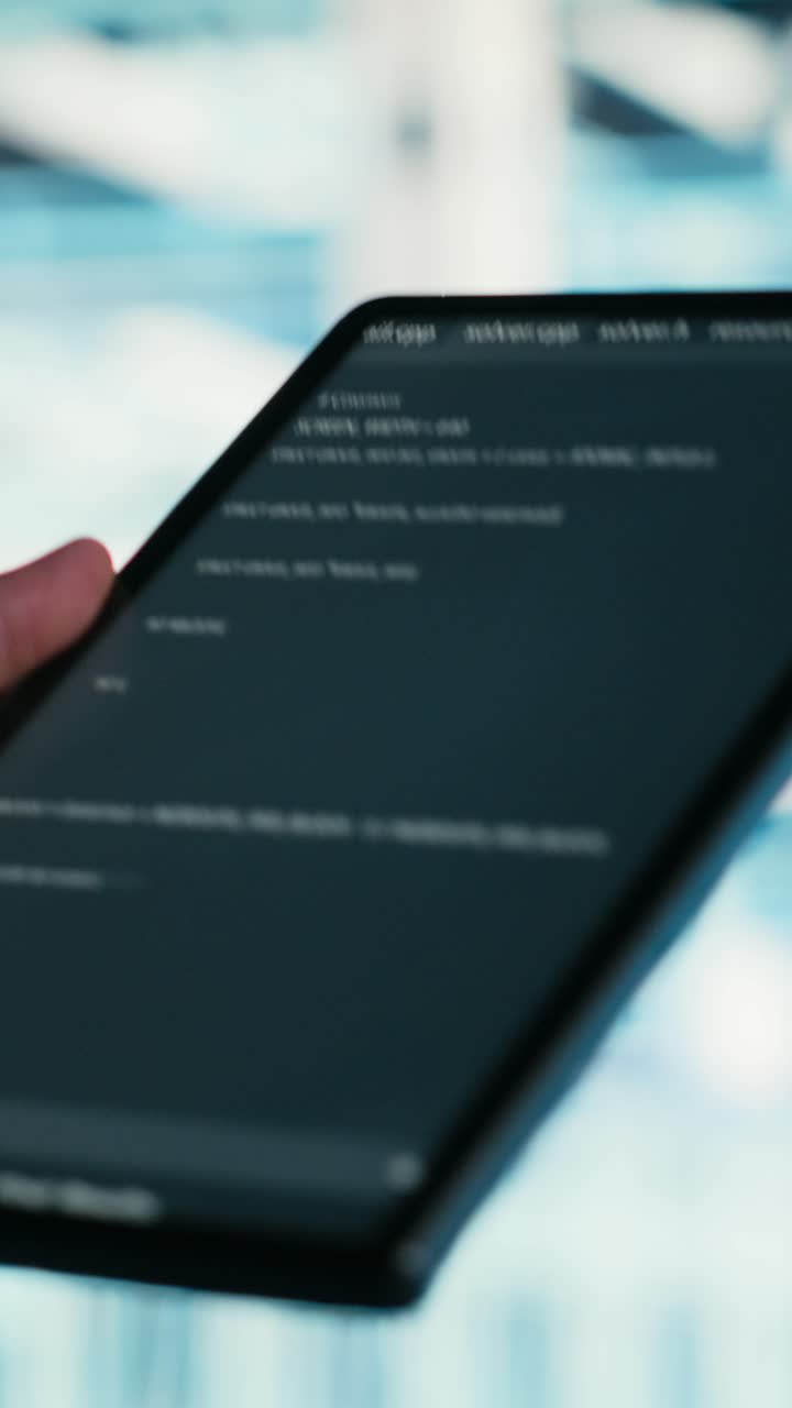 Vertical video Close up of data center engineer using tablet to write code
