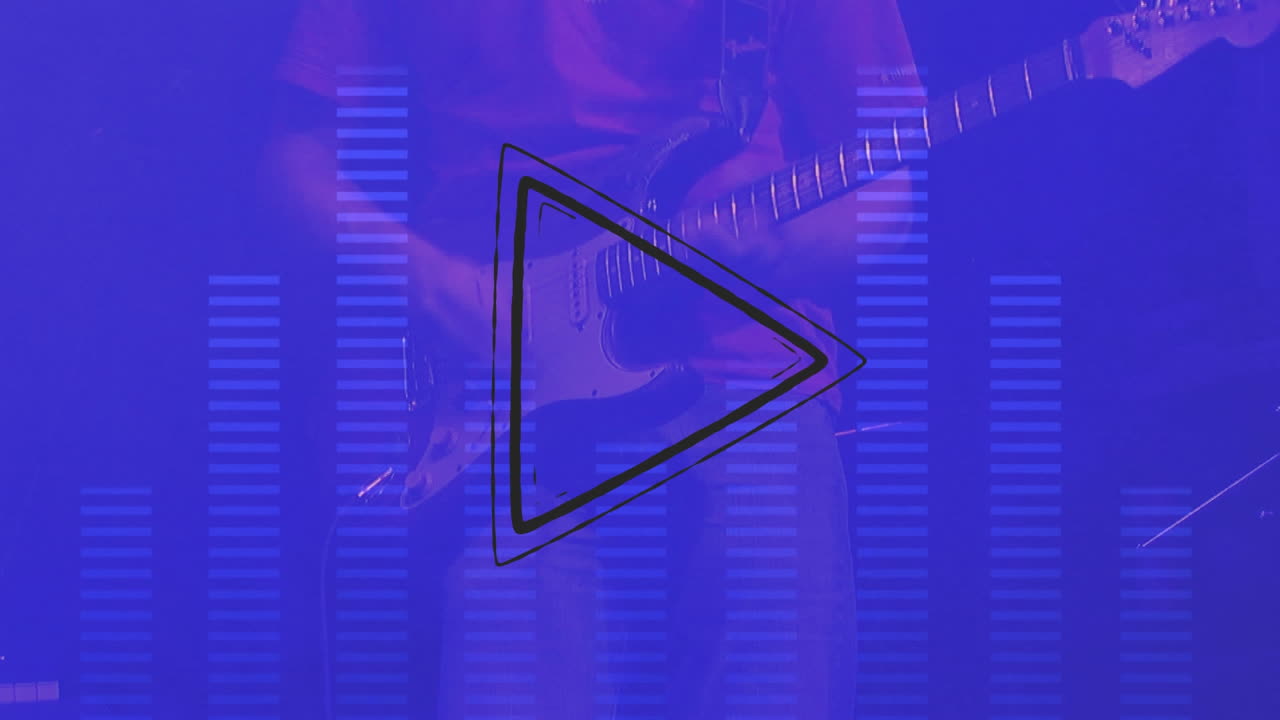 Digital animation of play icon and music equalizer against mid section of man playing guitar