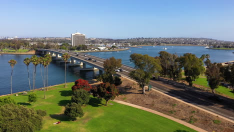 Aerial-View-Of-Bridge-Between-Mission-Beach-And-Dana-Point-In-San-Diego,-California---drone-shot