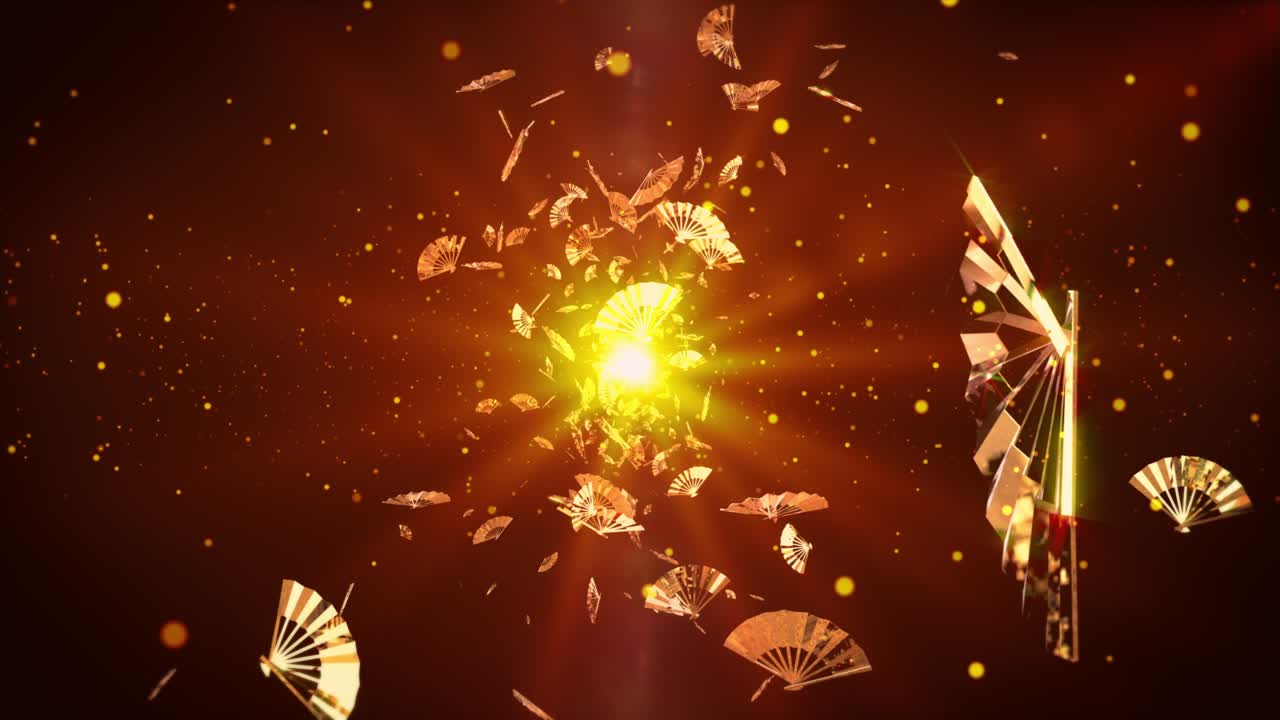 일본의 골드 폴딩 팬 입자 루프 애니메이션