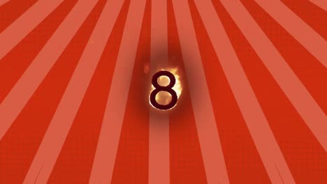 digital animation of flame effect over number eight against radial rays on red background