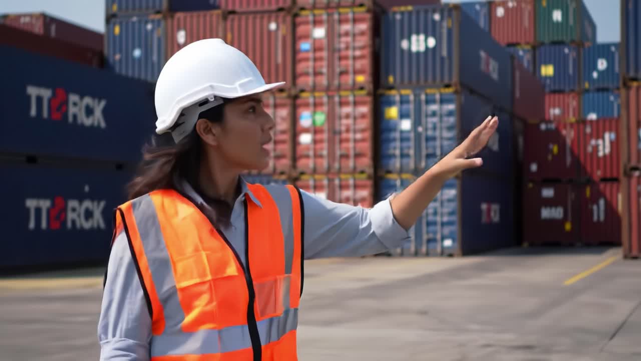 A Professional Woman in Safety Gear Overseeing Cargo Operations at a Shipping Yard, Signaling for Efficient Handling of Containers and Logistics Management
