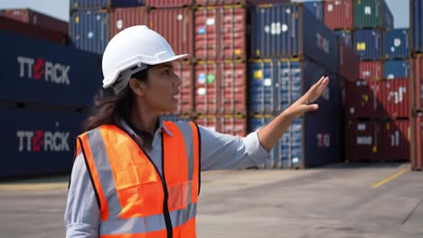 a professional woman in safety gear overseeing cargo operations at a shipping yard, signaling for efficient handling of containers and logistics management