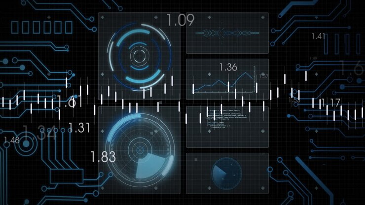 Animation of circuit board and data processing over dark background