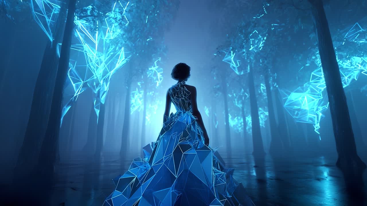 A woman in a futuristic dress walking into a glowing forest
