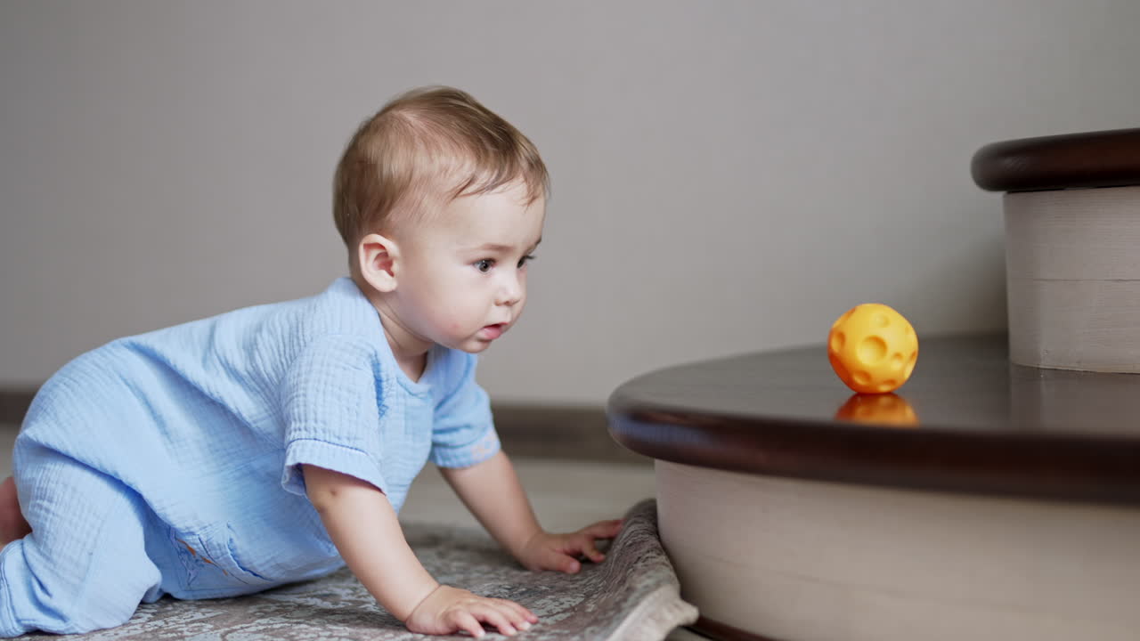 Little lovely kid interested by the toy crawls up to the stairs. Baby boy reaches a ball and bangs it by the stair happily.