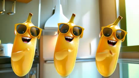 a group of three bananas wearing sunglasses in a kitchen