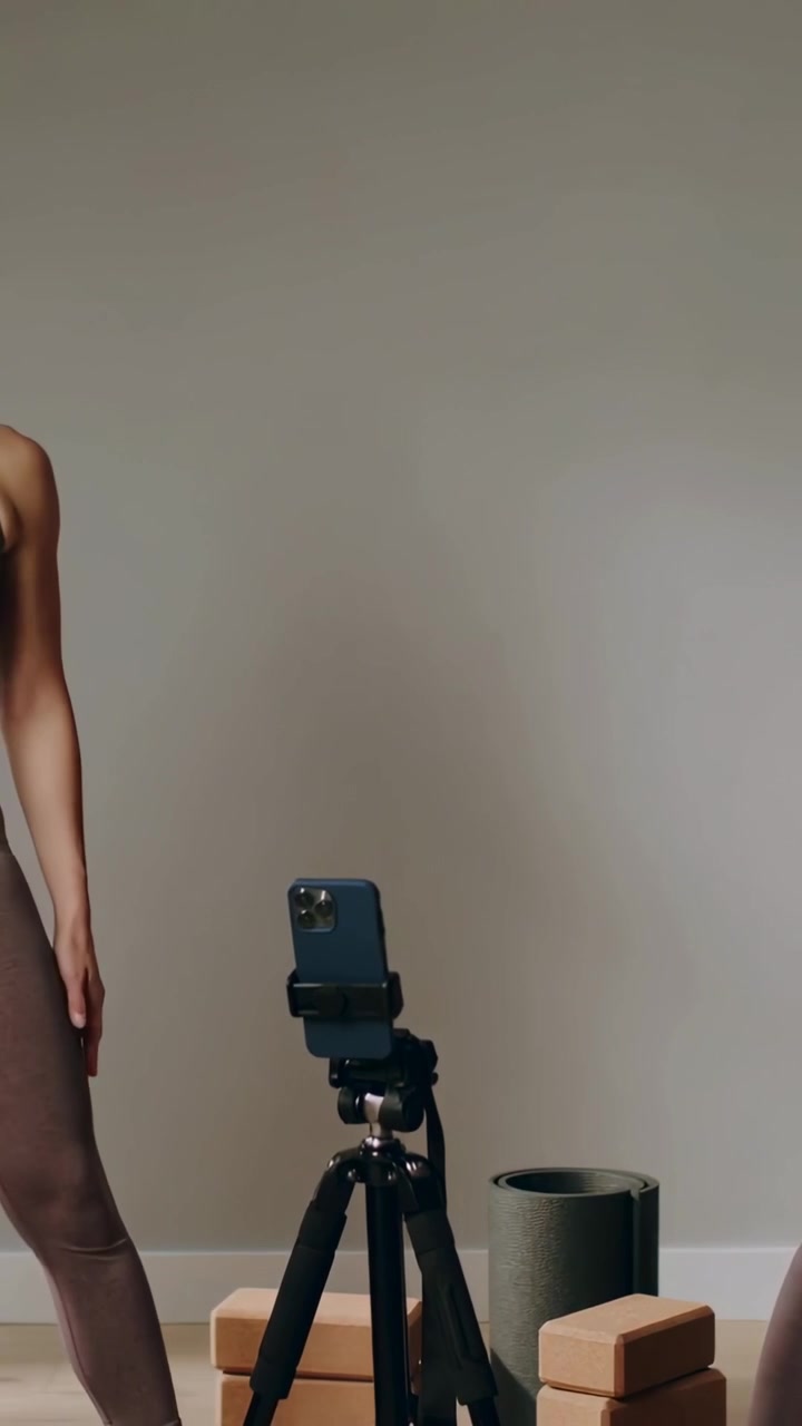 Video verticale: Entrando in casa, due donne con maglie color malva regolano il telefono su un treppiede per filmare con un rullo.
