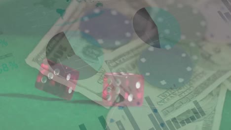 Animation-of-financial-data-processing-over-two-dice-and-american-dollar-bills-on-green-background