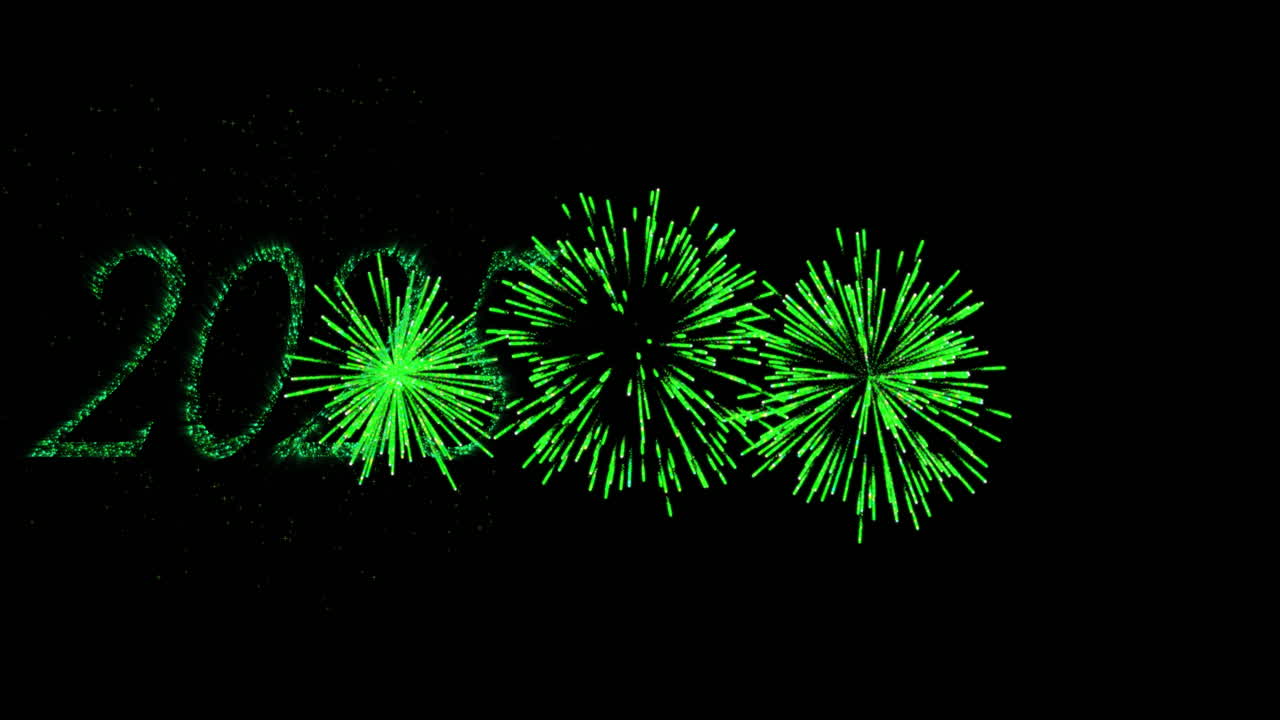 Green fireworks animation with 2025 text on black background
