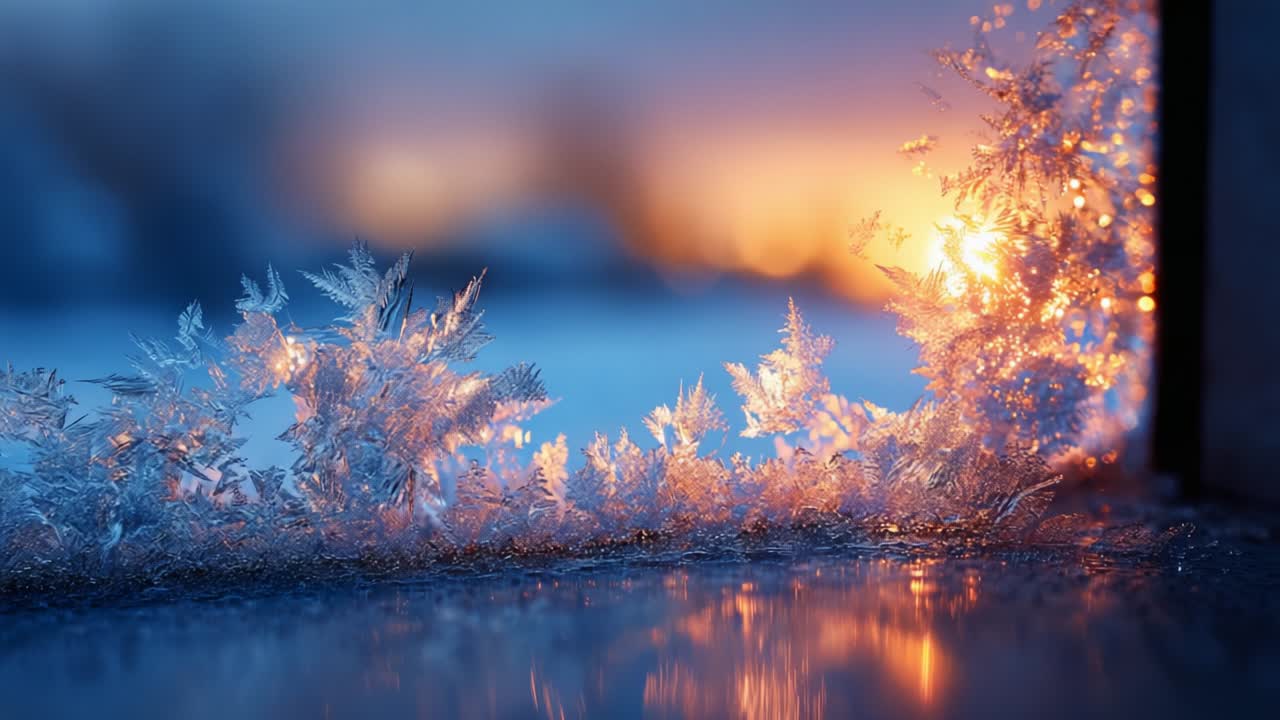 Captivating Ice Crystals Glimmering as the Sun Sets: A Serene Winter Scene with Frosty Detail and Warmth of Evening Glow Framing Nature's Artistry in a Tranquil Atmosphere