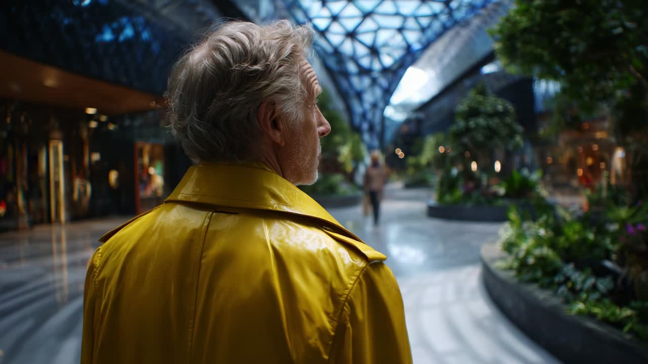 A solitary figure in a bright yellow coat stands at the heart of a modern architectural space, gazing into a vast atrium filled with greenery and natural light, embodying a moment of contemplation and curiosity