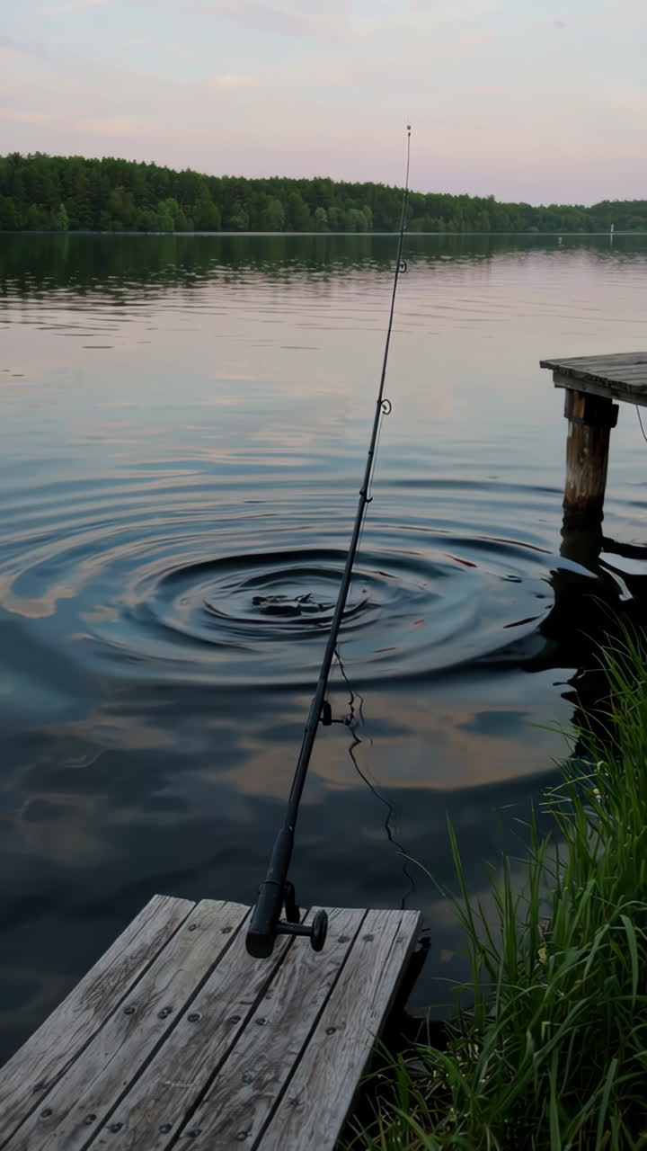 Fishing at a Lakeside Pier at Sunset