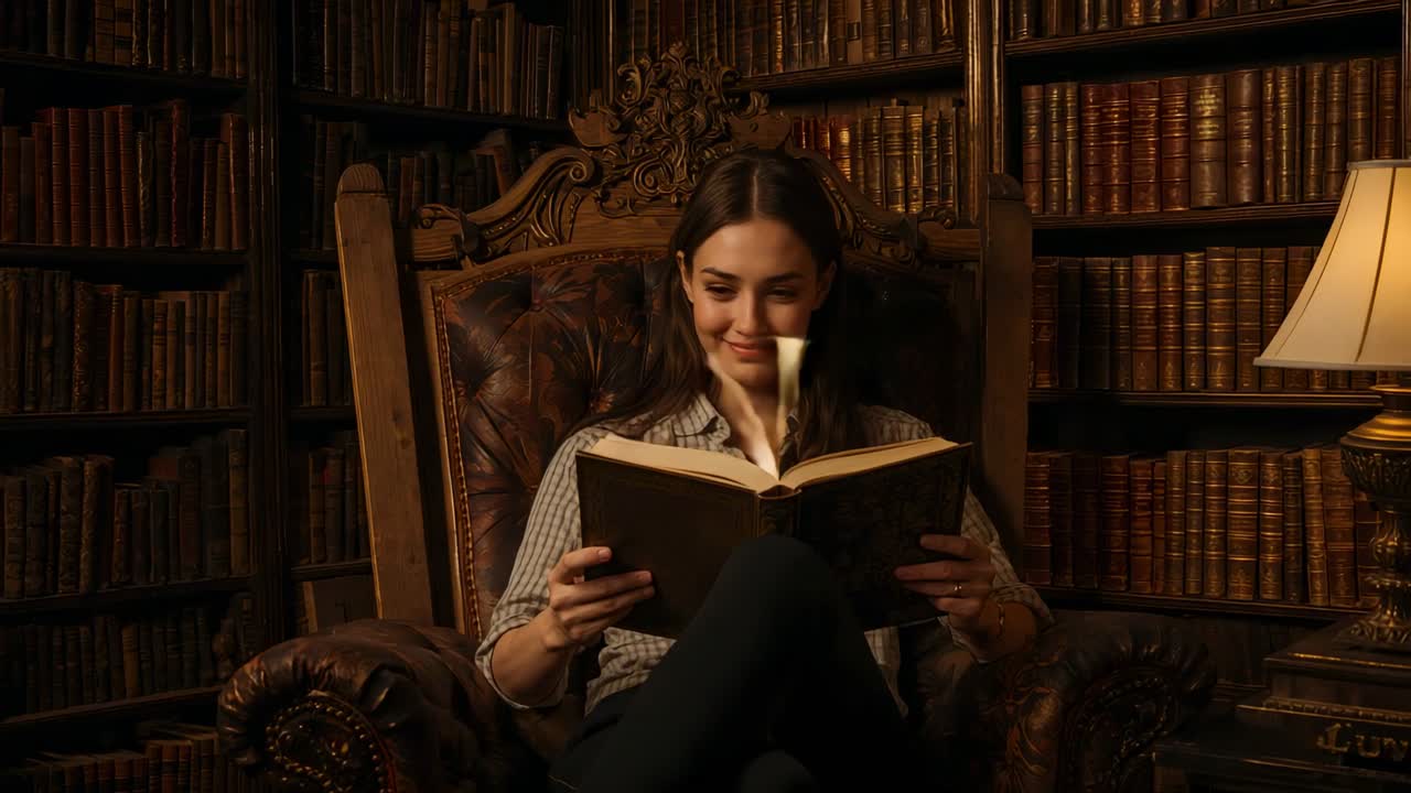 Femme tournant une page, lisant un livre, souriant dans son bureau, assise dans un fauteuil en chemise rayée et pantalon foncé.