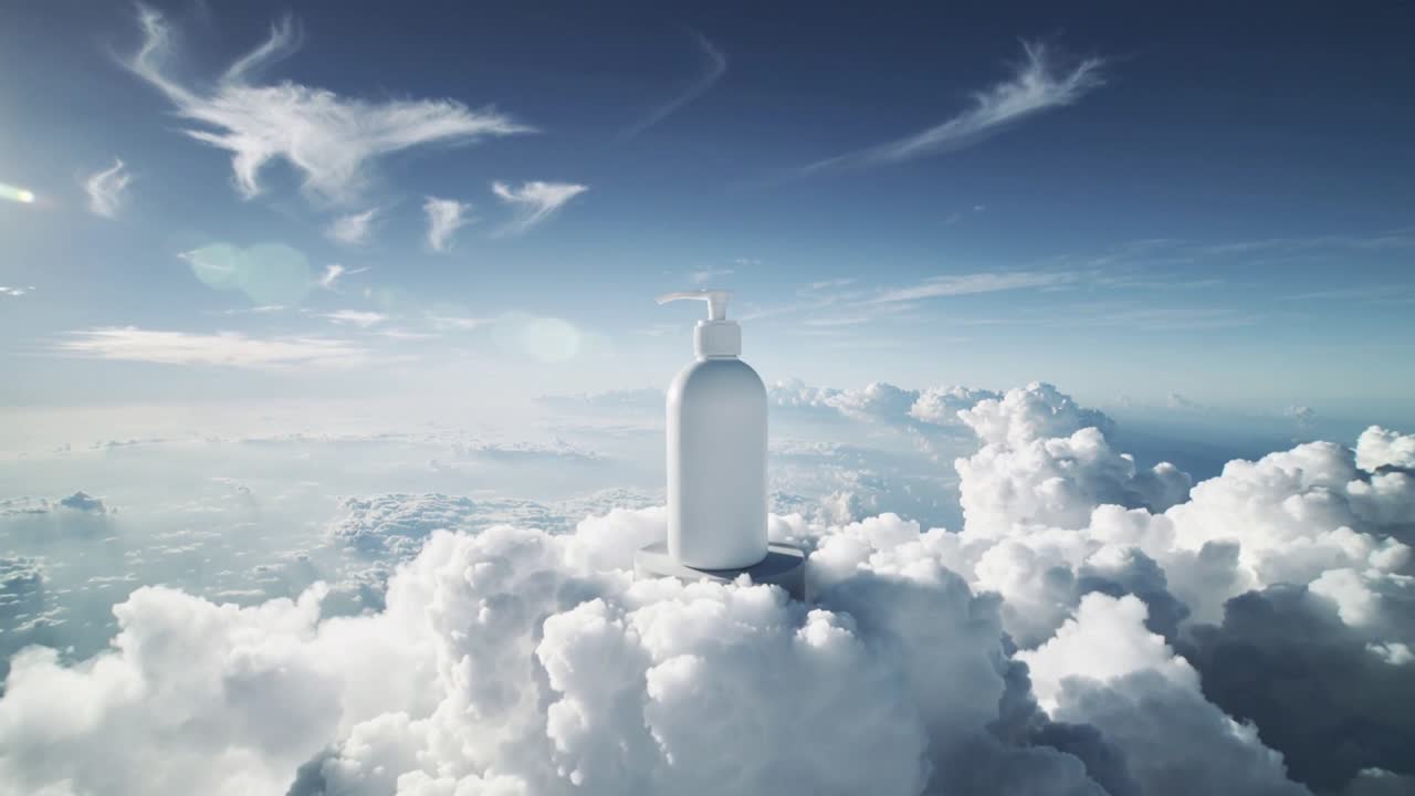 Pulling back camera revealing white pump bottle perched on cumulus cloud pedestal, exposing clouds