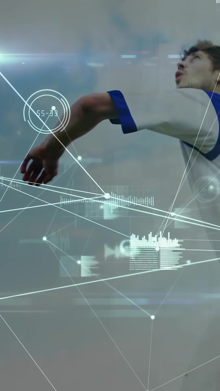 Vertical video: player tracking ball incoming, kicking to volley while sports HUD crossing outline
