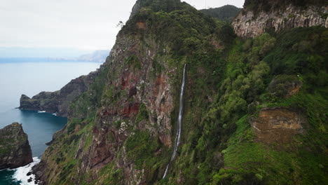 madeira landscape view, drone view of seashore, high mountain waterfall, madeira island, portugal