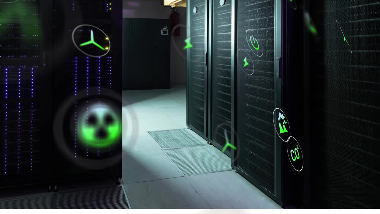 Animation of eco icons and data processing over computer servers