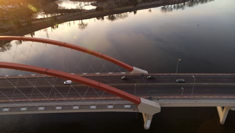 aerial shot crossing mississippi river at dusk