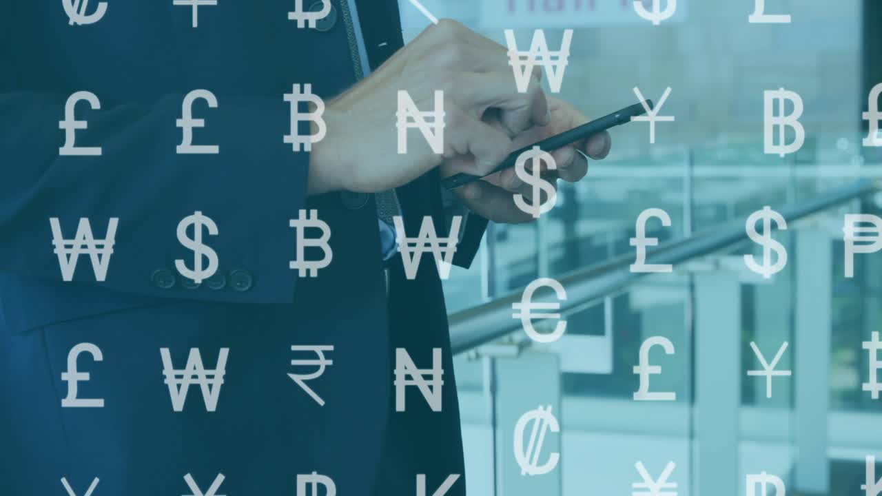 Businessman raising smartphone and scrolling finance app for trading as money symbols drifting