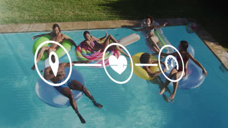 animation of flowchart of icons over diverse friends on inflatable rings enjoying in swimming pool