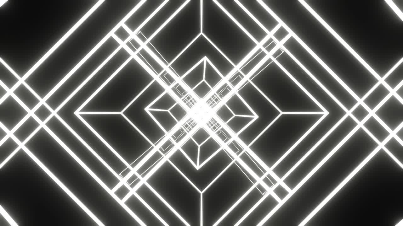 Animation of moving white squares and rectangles along a tunnel on a black background.