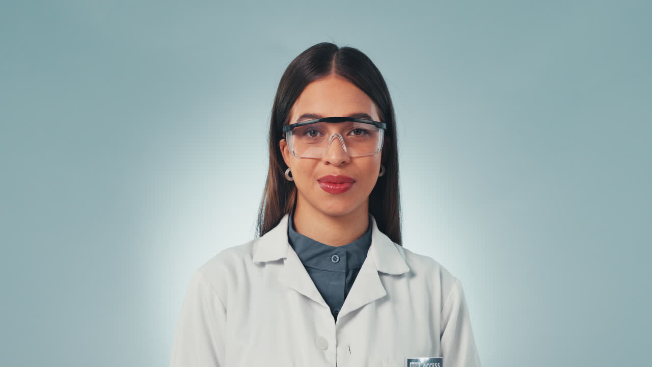 Science woman, face and laugh in studio for funny