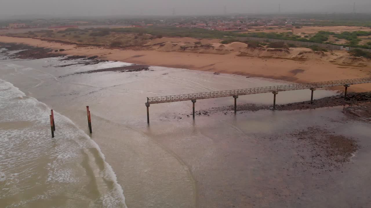 Aerial view of Allana Gadoor Village Beach in Teen Khaji India showcasing the coastal landscape with a pier ocean waves sand dunes and the horizon