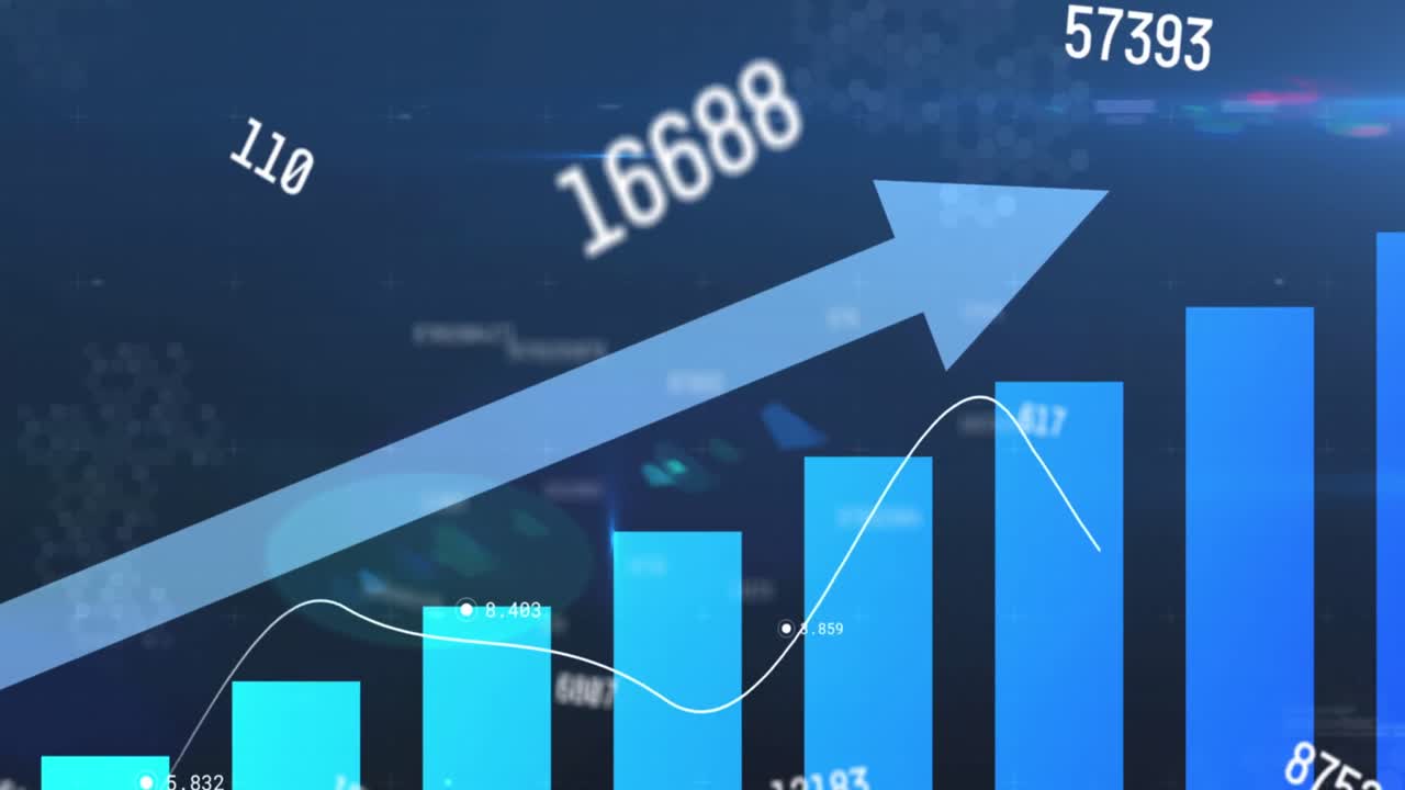 Animazione di numeri in continua evoluzione ed elaborazione di dati statistici su sfondo blu
