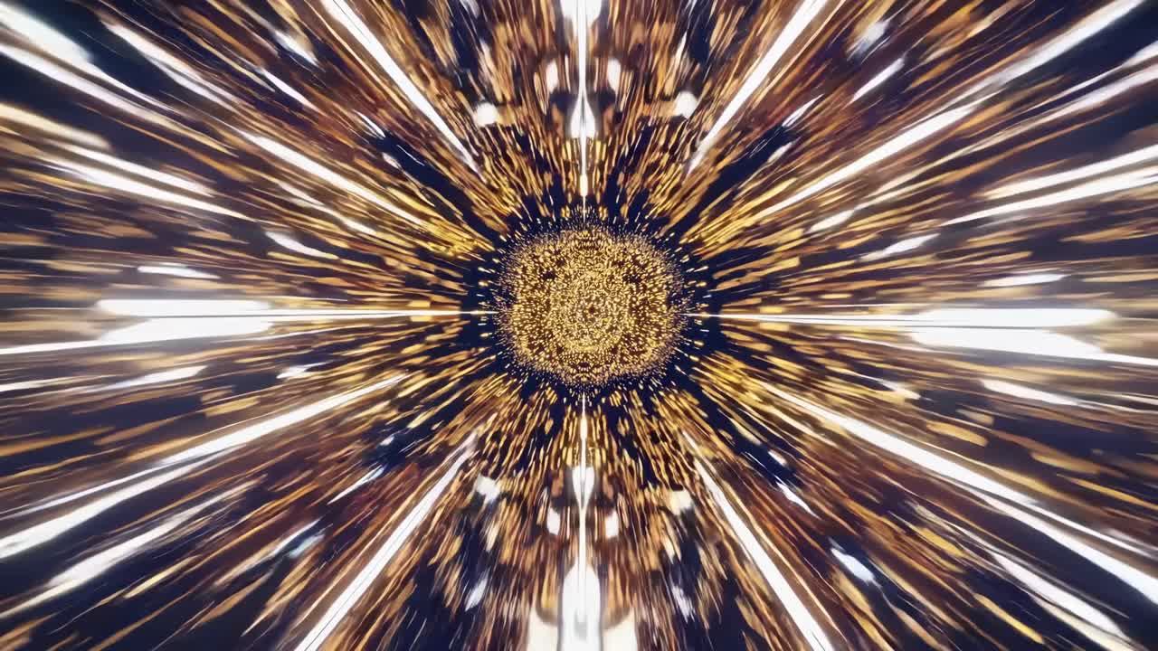 Dynamic zoom effect with golden light streaks radiating from the center, creating a tunnel illusion