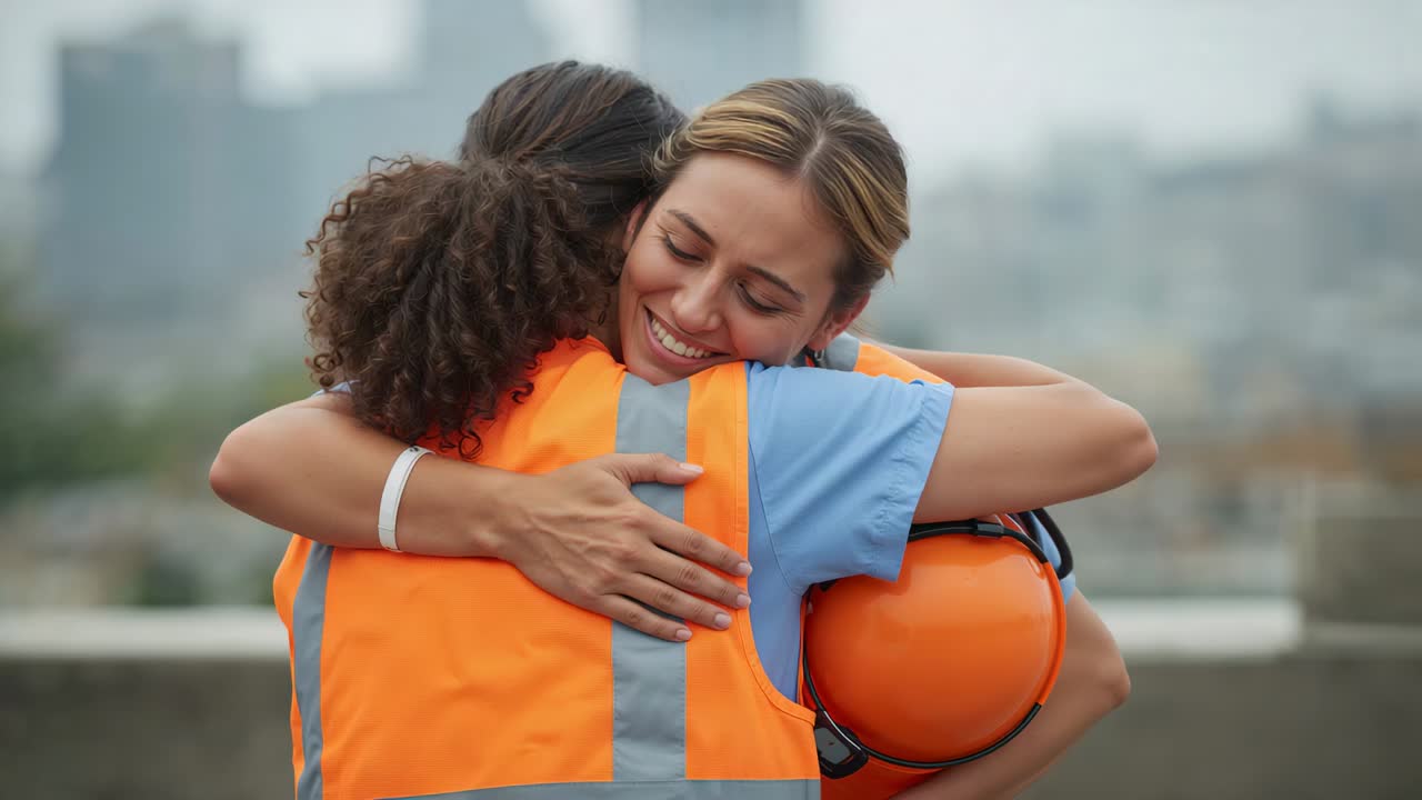Reunión en el pretil, dos trabajadores compartiendo un abrazo amistoso, sujetando un sombrero naranja y vistiendo chalecos.