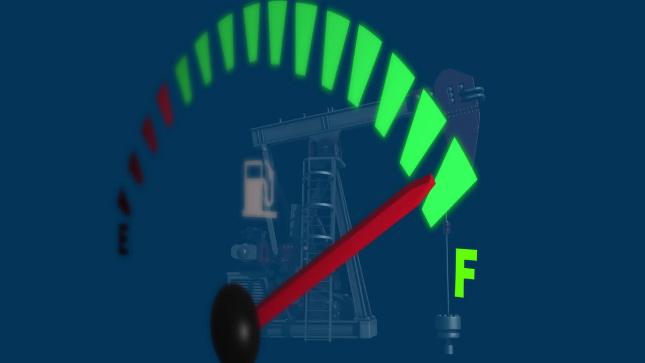 Fuel gauge animation showing full tank over oil pumpjack background