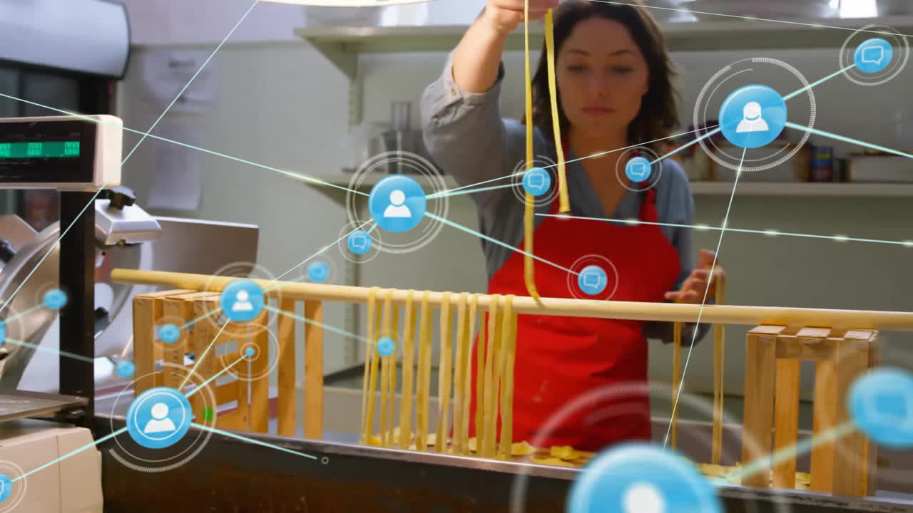 파스타를 만드는 백인 여성 요리사에 대한 연결 네트워크의 애니메이션