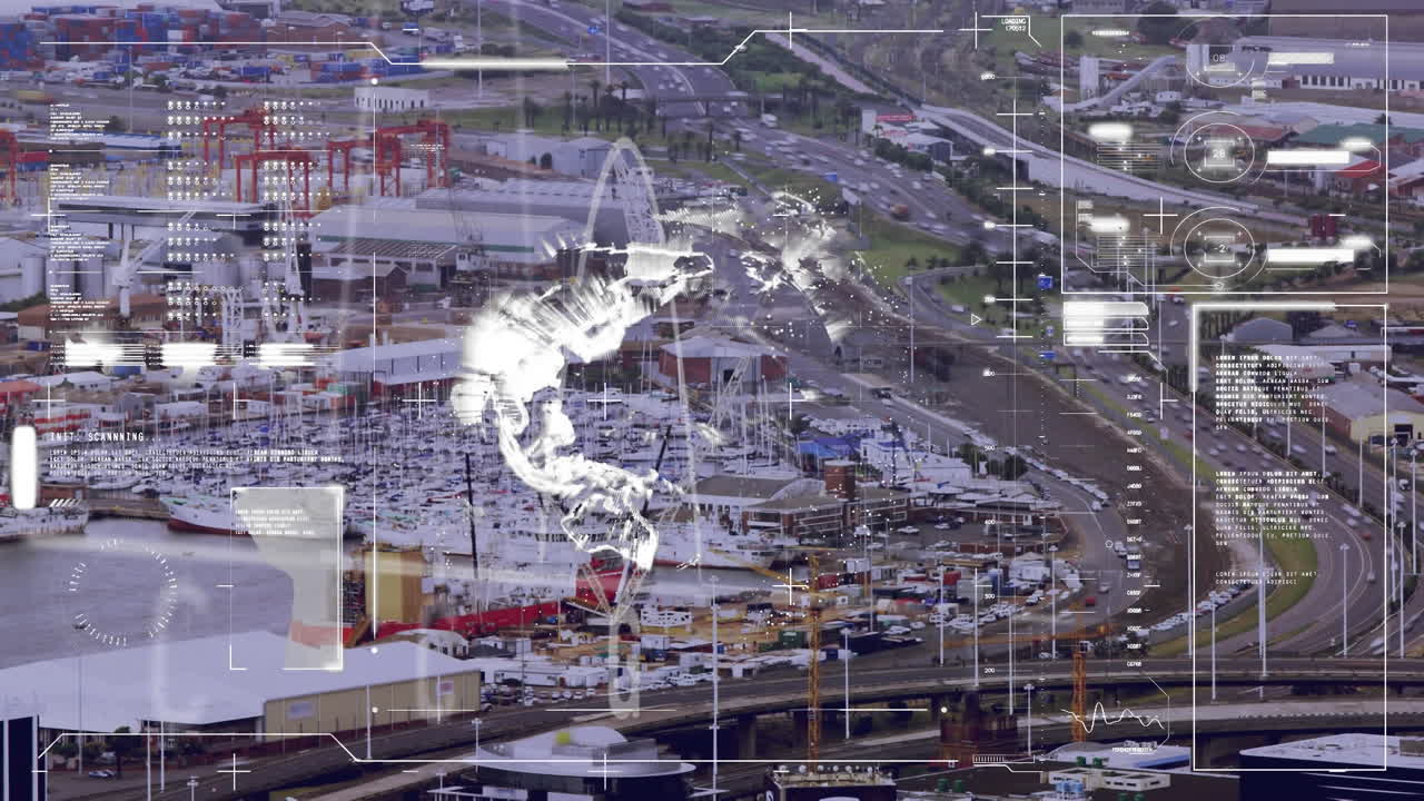 animación de estadísticas y procesamiento de datos financieros sobre el paisaje urbano