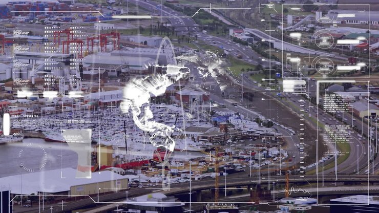 Animation of statistics and financial data processing over cityscape