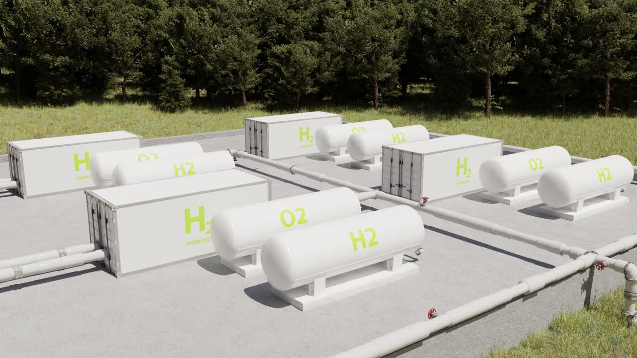 Hydrogen tanks and container in facility. 3D animation