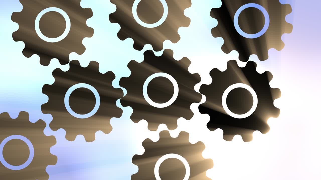 움직이는 기계, 천천히 회전하는 금색 금속 기어의 클로즈업.