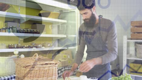 animación de estadísticas y procesamiento de datos, cliente masculino caucásico en una tienda de alimentos
