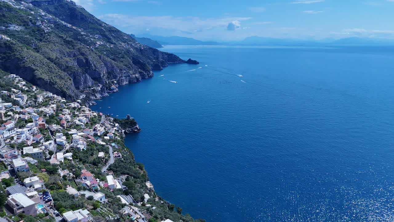 Amalfi Coast At Praiano In Salerno Italy. Beach Landscape. Tourism Landmark. Amalfi Coast At Praiano In Salerno Italy. Gulf Of Salerno Skyline. Coastal Cityscape. Mediterranean Sea